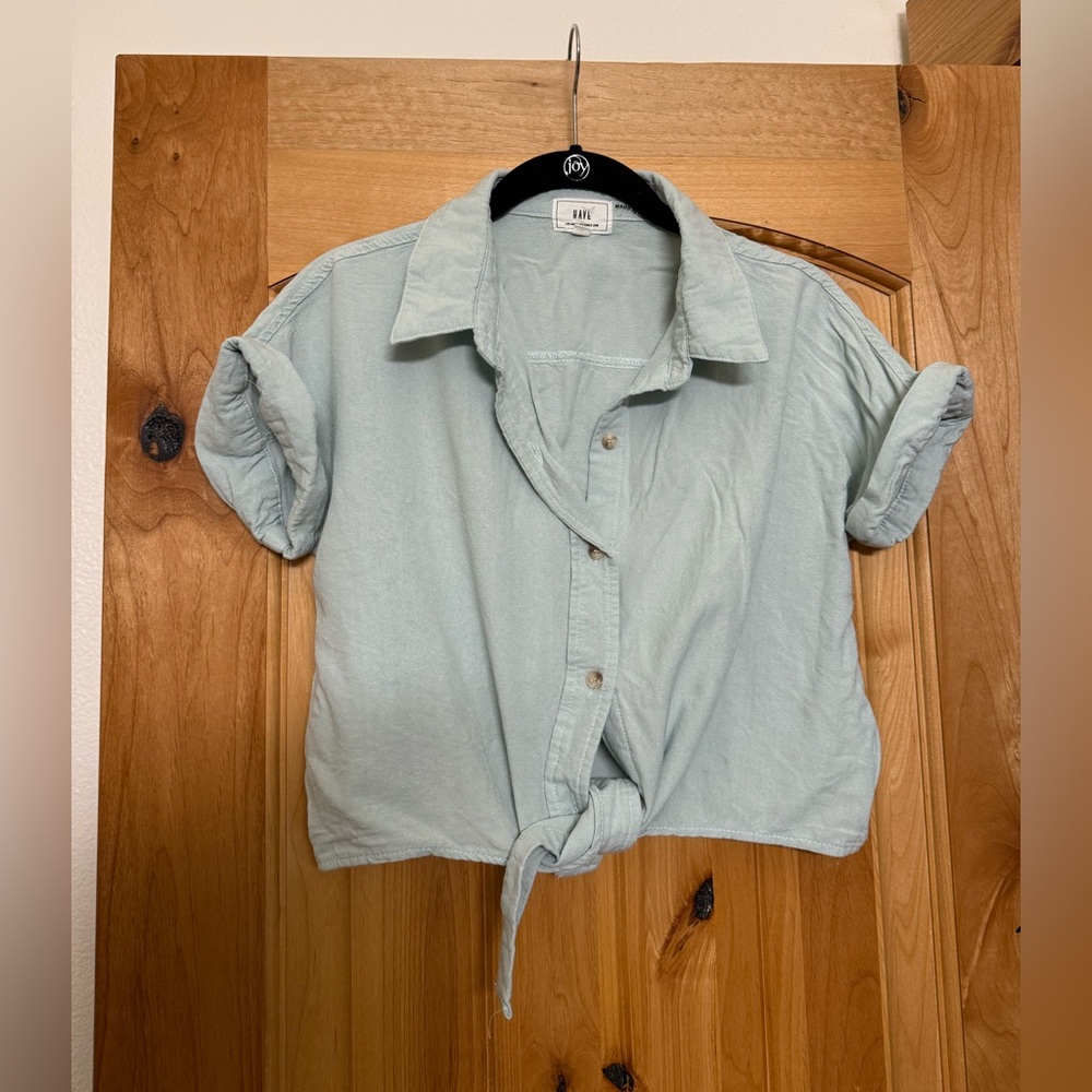 Robin’s egg blue Button-Up Tie Front Shirt
